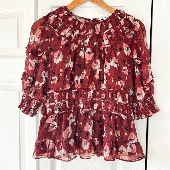 NWOT Walter Baker Red Floral Ruffle Blouse Sheer Long Sleeve Top Size Large - Picture 2 of 9